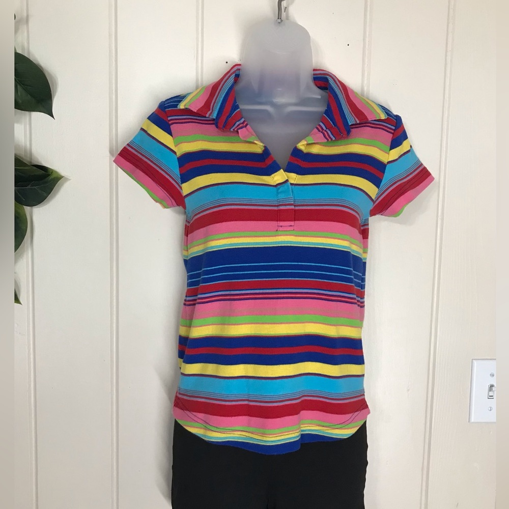 Cato Fiorlini International Multicolor Stripe SS Vneck Collar Blouse Small 4 - 6
